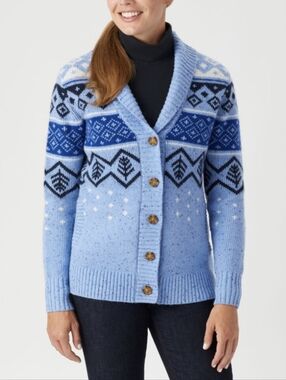 Duluth Trading Co Light Blue Woolpaca Jacquard Cardigan, Size Large